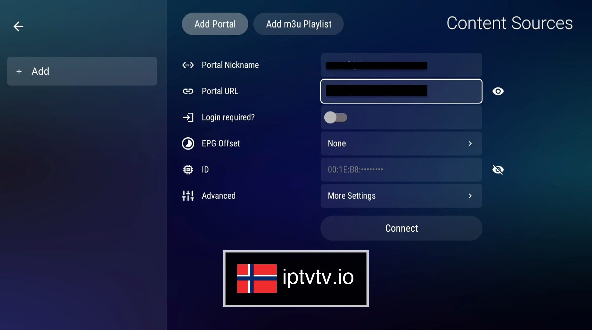 Skriv inn portaldetaljer for IPTV på Dreamlink