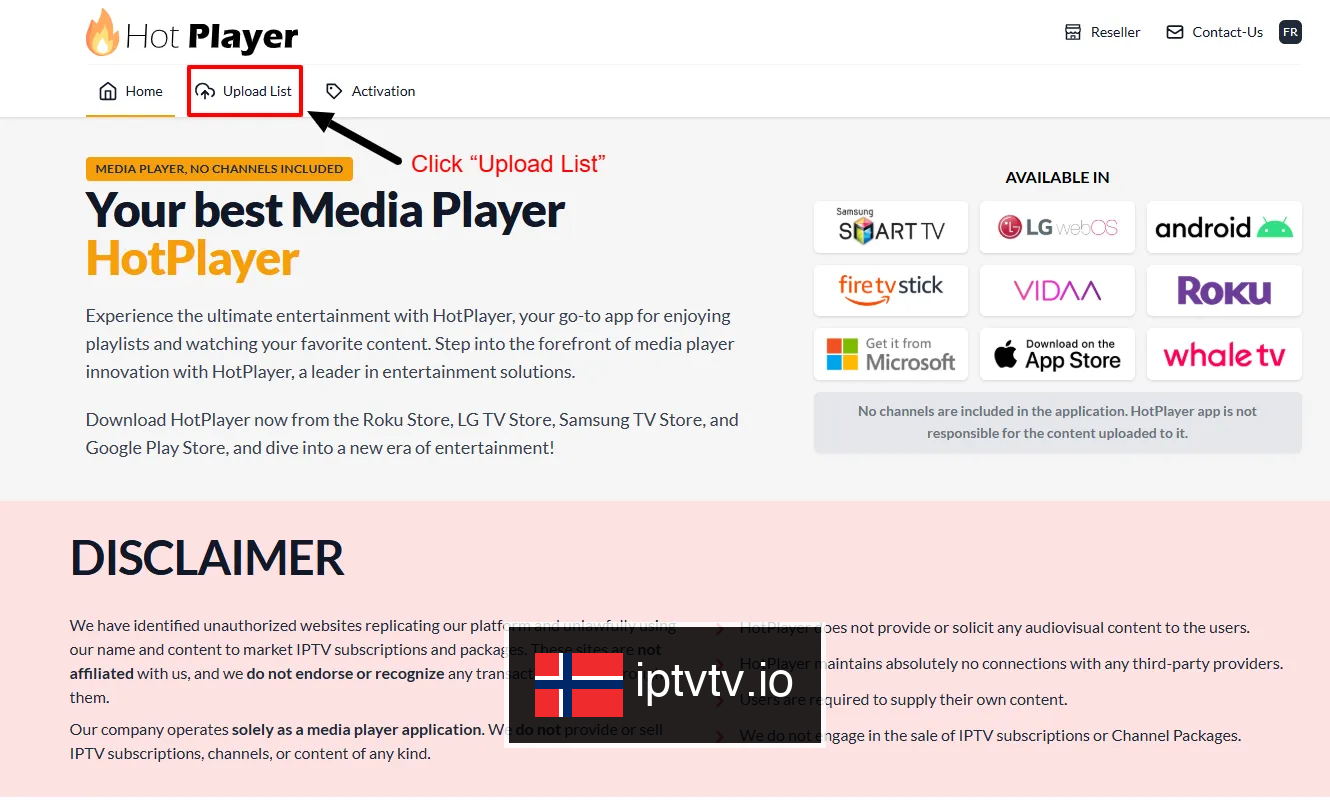 Klikk på Last opp liste på HotPlayer.app