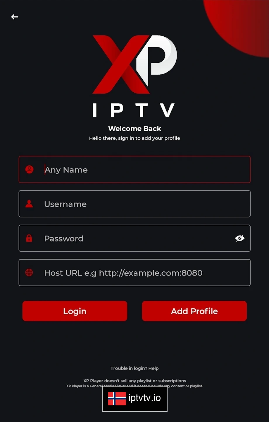 Velg Påloggingstype for IPTV på XP IPTV